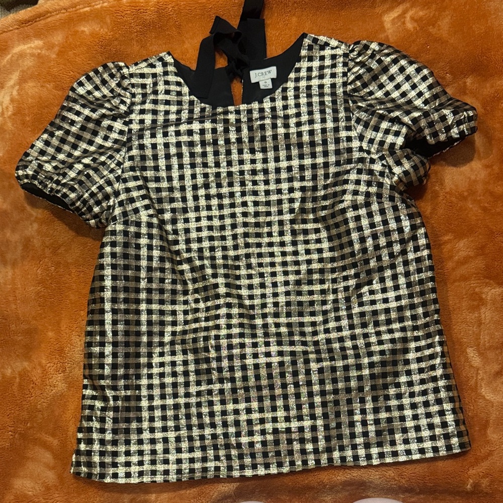 J. Crew Black and Gold Gingham Puff-Sleeve Tie-Back Top